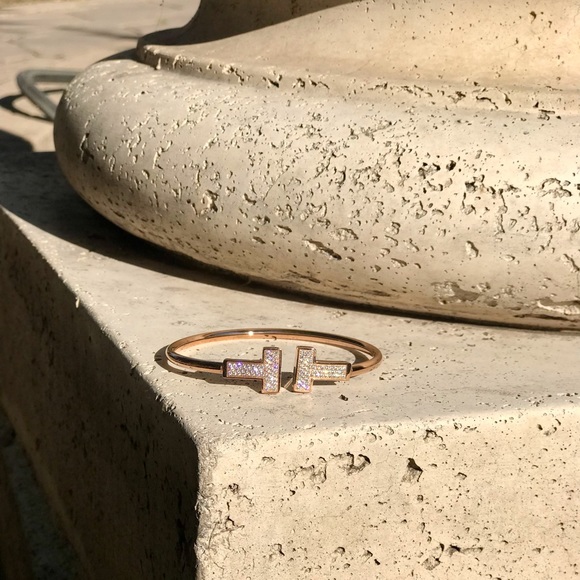 18K Gold Diamond T Bracelet T Bar Bracelet Silver Cuff T Bangle - Picture 2 of 4